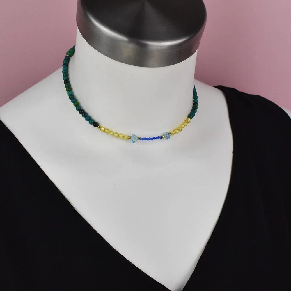 Colorful multi stone bead necklace short, unusual tiny gemstone crystal choker
